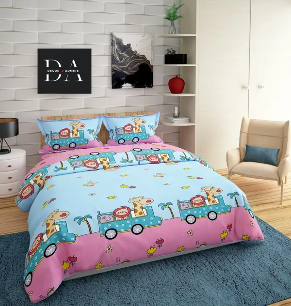 Blue_And_Pink_Kids_Special_Premium_Glace_Cotton_350_Queen_Size_Double_Bedsheet_With-2_Pillow_Covers_Set:90"x100"