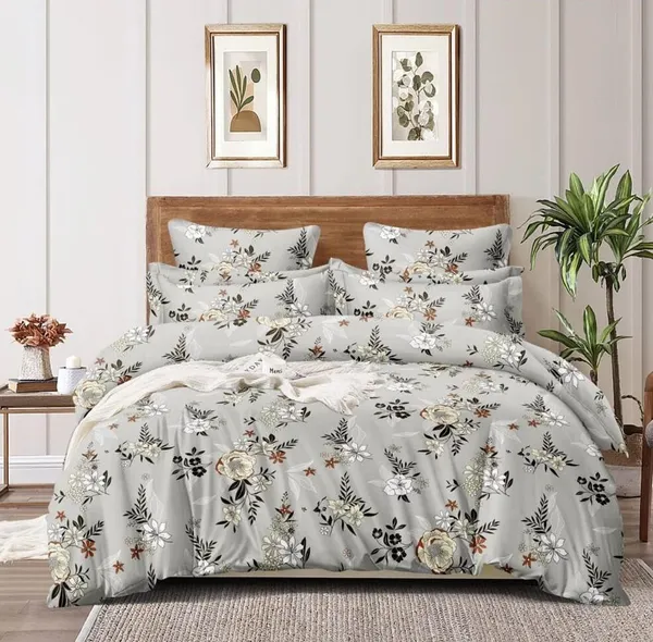 Grey_Floral_Pattern_Cotton_Queen_Size_Printed_Double_Bedsheet_With-Two_Pillow_Covers_