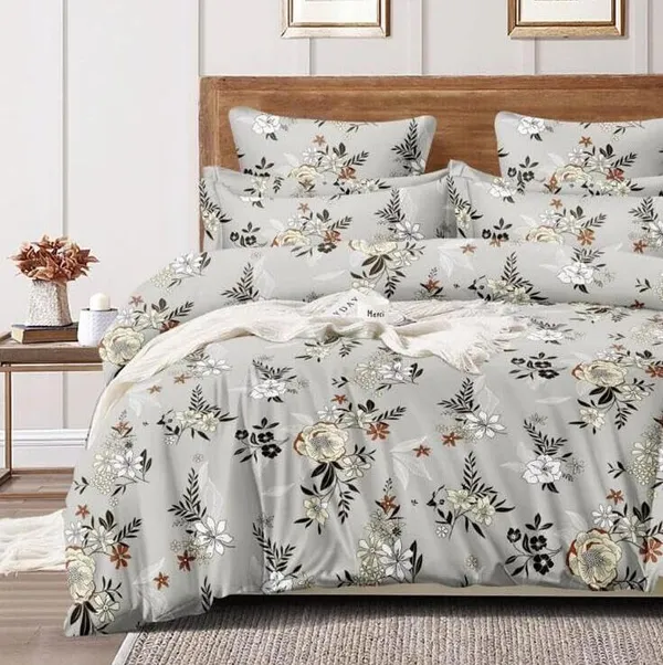 Grey_Floral_Pattern_Cotton_Queen_Size_Printed_Double_Bedsheet_With-Two_Pillow_Covers_