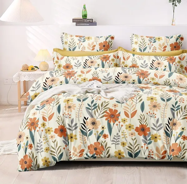 Cream_Floral_-_All_Round_Elastic_Fitted_Cotton_Queen_Size_Printed_Double_Bedsheet_With-2_Pillow_Covers_90''x100''_Or_60"x78"