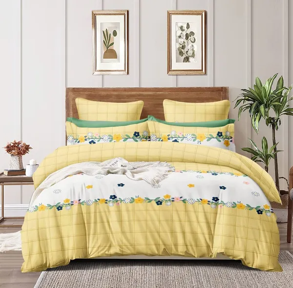 Yellow__Cotton_Queen_Size_Printed_Double_Bedsheet_With-Two_Pillow_Covers(60"x78"_+8"_Fitted)