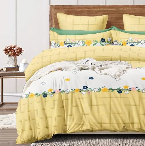 Yellow__Cotton_Queen_Size_Printed_Double_Bedsheet_With-Two_Pillow_Covers(60"x78"_+8"_Fitted)