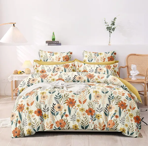 Cream_Floral__Premium_Cotton_Queen_Size_Printed_Double_Bedsheet_With-Two_Pillow_Covers_90_Inchesx100_Inches