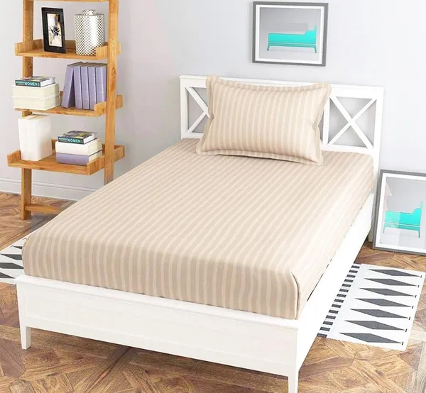 Beige__Cotton_Plain_Stripe_Single_Bedsheet_With_One_Pillow_Cover_(63_*_100_Inches)_(Pack_Of_1)