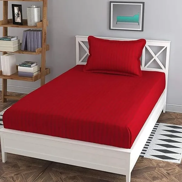 Red__Glace_Cotton_All_Round_Elastic_Fitted_Plain_Stripe_Single_Bedsheet_With-1_Pillow_Cover_Fits_Upto-6''_Mattress(60"x90")