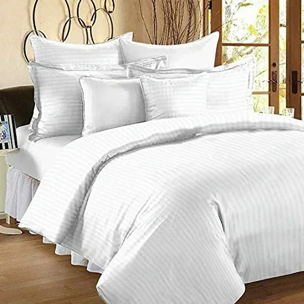White_Demand_Mania_Super_King_Size_Cotton_Plain_Stripe_Bedsheet_For_Double_Bed_With_2_Pillow_Covers(100*108Inch)