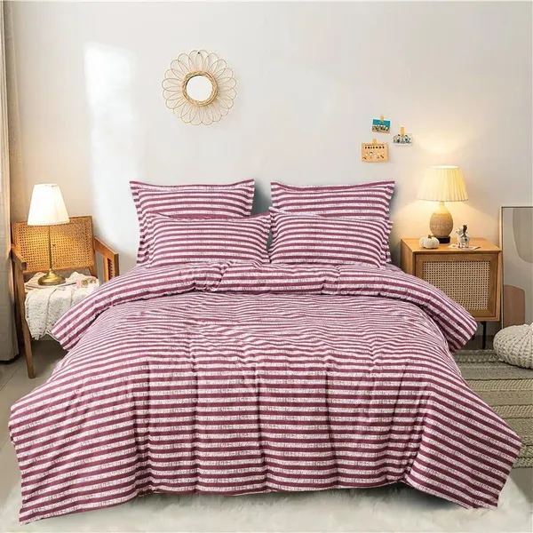 Maroon__Cotton_Feel_Queen_Size_Solid_Stripe_Contrast_Bedsheet_Set_With-Two_Pillow_Covers_90"x100"