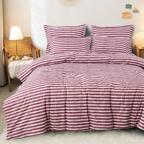 Maroon__Cotton_Feel_Queen_Size_Solid_Stripe_Contrast_Bedsheet_Set_With-Two_Pillow_Covers_90"x100"
