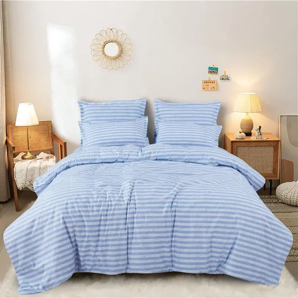 Blue__Cotton_Feel_Queen_Size_Solid_Stripe_Contrast_Bedsheet_Set_With-Two_Pillow_Covers_90"x100"