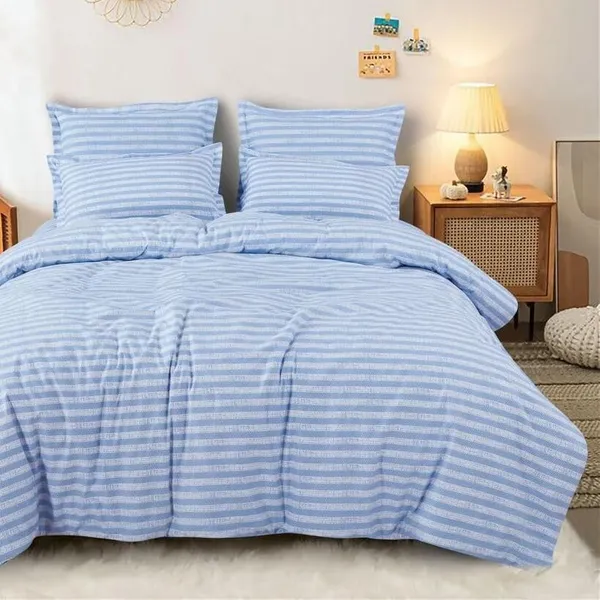 Blue__Cotton_Feel_Queen_Size_Solid_Stripe_Contrast_Bedsheet_Set_With-Two_Pillow_Covers_90"x100"