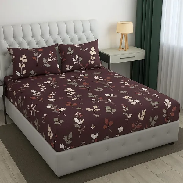 Dark_Wine_Floral_All_Round_Elastic_Fitted_Floral_Glace_Cotton_Printed_Super_King_Size_Double_Bedsheet_With-Two_Pillow_Covers_108"x_108"_