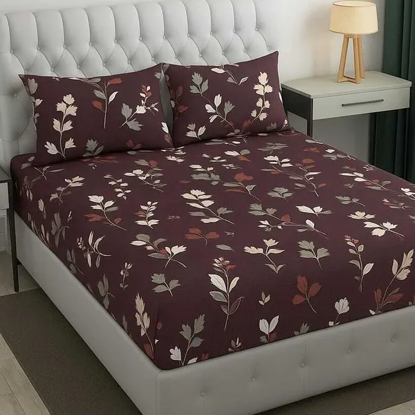 Dark_Wine_Floral_All_Round_Elastic_Fitted_Floral_Glace_Cotton_Printed_Super_King_Size_Double_Bedsheet_With-Two_Pillow_Covers_108"x_108"_