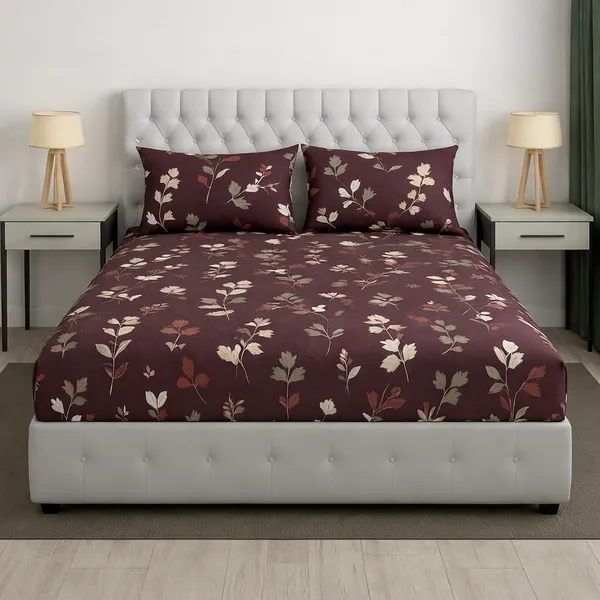 Dark_Wine_Floral_All_Round_Elastic_Fitted_Floral_Glace_Cotton_Printed_Super_King_Size_Double_Bedsheet_With-Two_Pillow_Covers_108"x_108"_