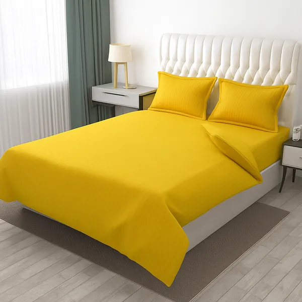 Yellow_Pure_Cotton_Plain_Stripe_King_Size_Double_Bedsheet_For_Double_Bed_With-Two_Pillow_Covers(Super_King)(108*108_Inches)