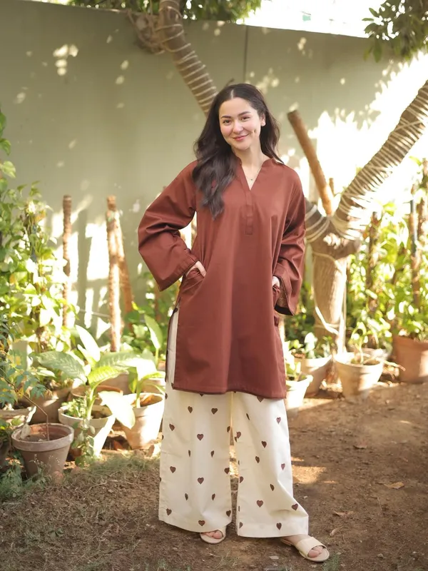 Brown_Solid_Dress_with_Heart_Print_Pants