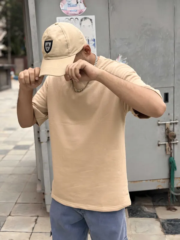 Light_Brown_Cotton_Blend_Regular_T-Shirt_For_Men