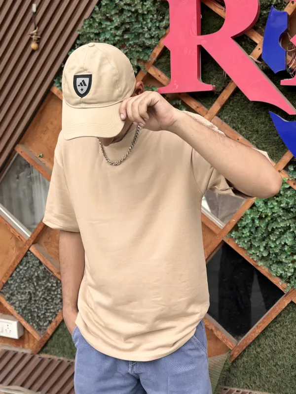 Light_Brown_Cotton_Blend_Regular_T-Shirt_For_Men