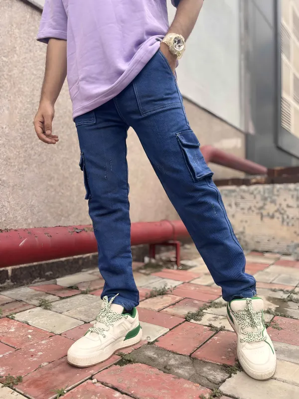 Styzon DARK BLUE CARGO BAGGY REGULAR FIT CASUAL JEANS FOR MEN