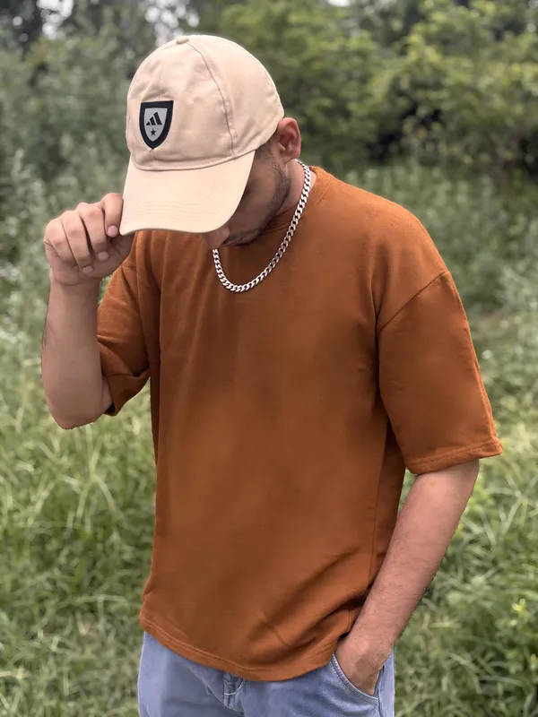 Dark_Brown_Cotton_Blend_Regular_T-Shirt_For_Men