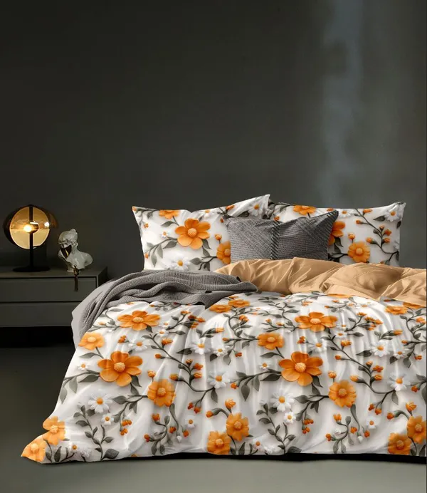 Loyrex_Orange_7D_Flower_Printed_Cotton_160_TC_Jointless_Super_King_Size_Double_Bed_Sheet_with_2_Pillow_Covers_Fitted