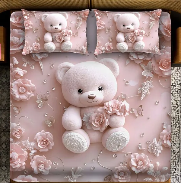 Loylex_Peach_Color_7D_Teddy_Bear_Printed_Cotton_160_TC_Jointless_Super_King_Size_Double_Bed_Sheet_with_2_Pillow_Covers_fitted