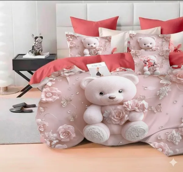 Loylex_Peach_Color_7D_Teddy_Bear_Printed_Cotton_160_TC_Jointless_Super_King_Size_Double_Bed_Sheet_with_2_Pillow_Covers_fitted