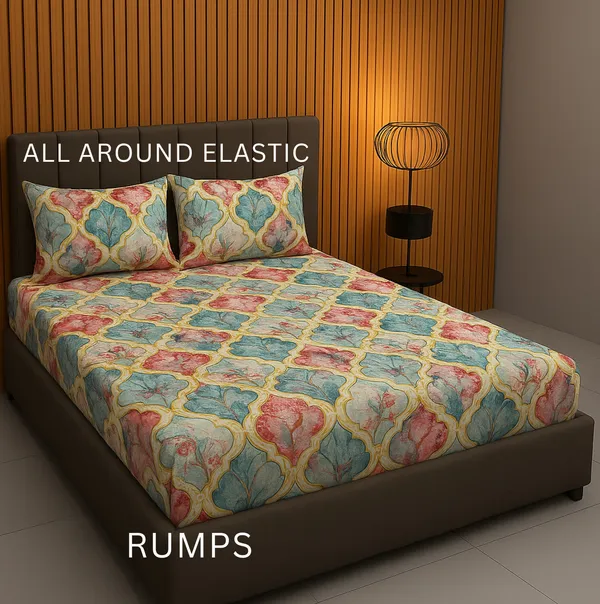 Multicolor_220_Tc_Cotton_Double_King_Queen_Printed_Fitted_Elastic_Bedsheet_With_2_Pillow_Cover