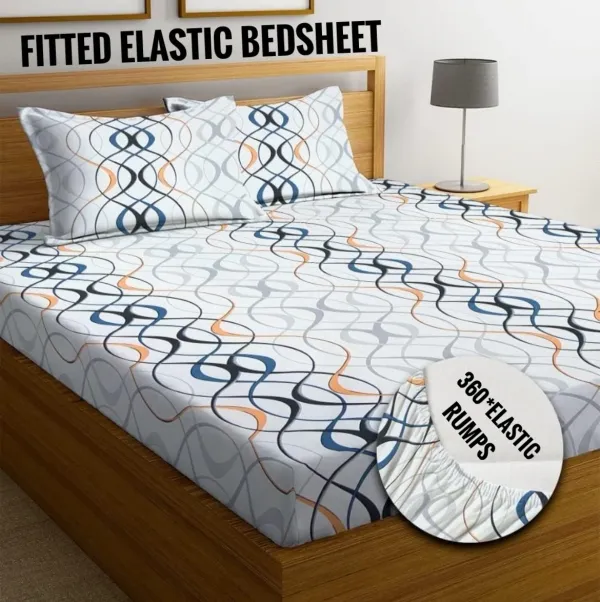 White_&_Blue_220_Tc_Cotton_King_Printed_Fitted_Elastic_Bedsheet_With_2_Pillow_Cover