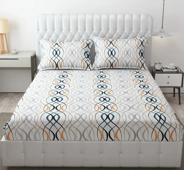 White_&_Blue_220_Tc_Cotton_King_Printed_Fitted_Elastic_Bedsheet_With_2_Pillow_Cover