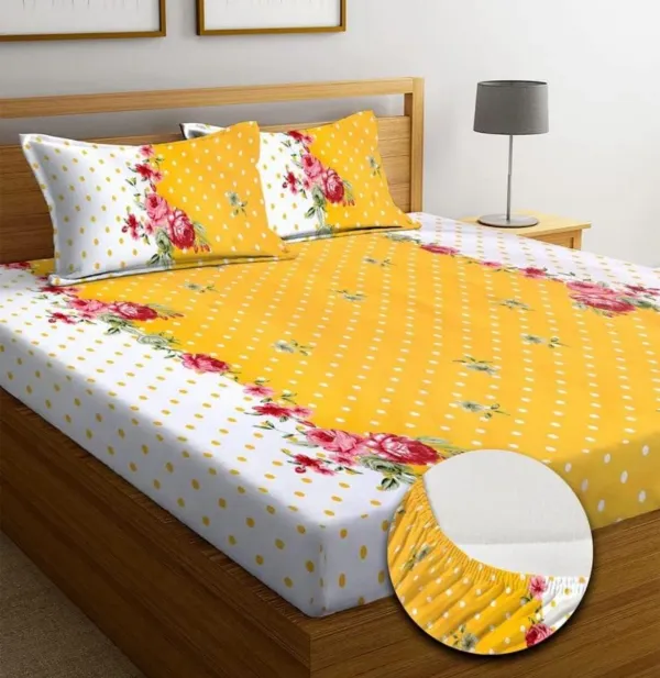 LOYREX_Yellow_350_Tc_Cotton_King_Floral_Fitted_Elastic_Bedsheet_With_2_Pillow_Cover