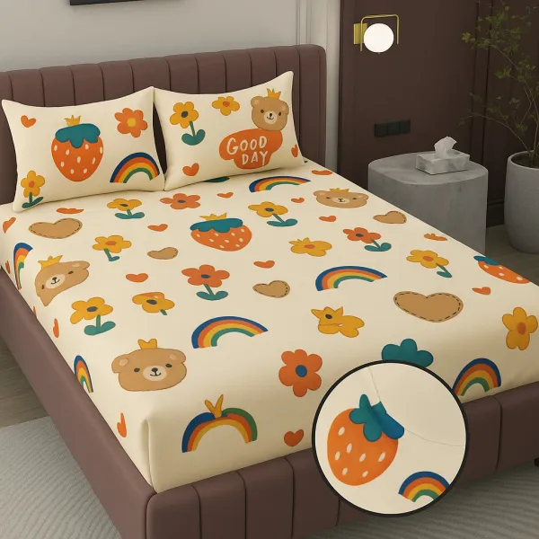 Yellow_&_Beige_220_Tc_Microfiber_Double_King_Queen_Checkered_Fitted_Elastic_Bedsheet_With_2_Pillow_Cover