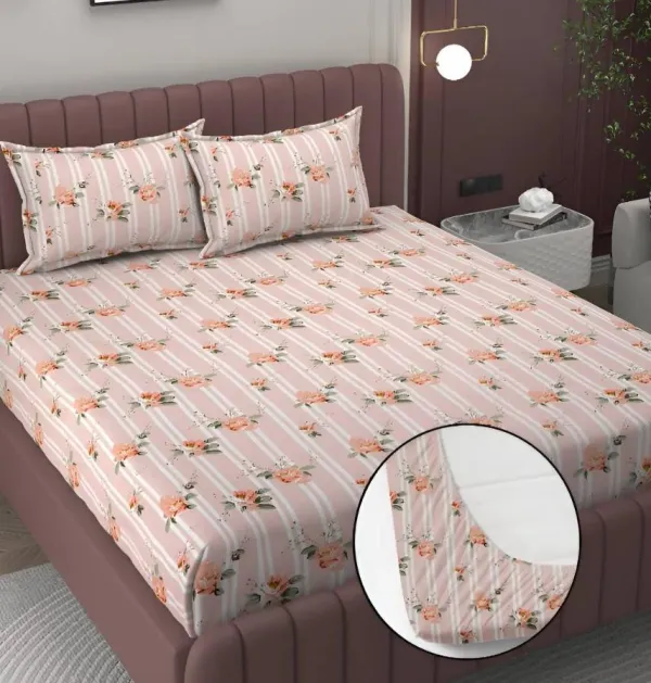 Pink_350_Tc_Cotton_Microfiber_King_Striped_Fitted_Elastic_Bedsheet_With_2_Pillow_Cover