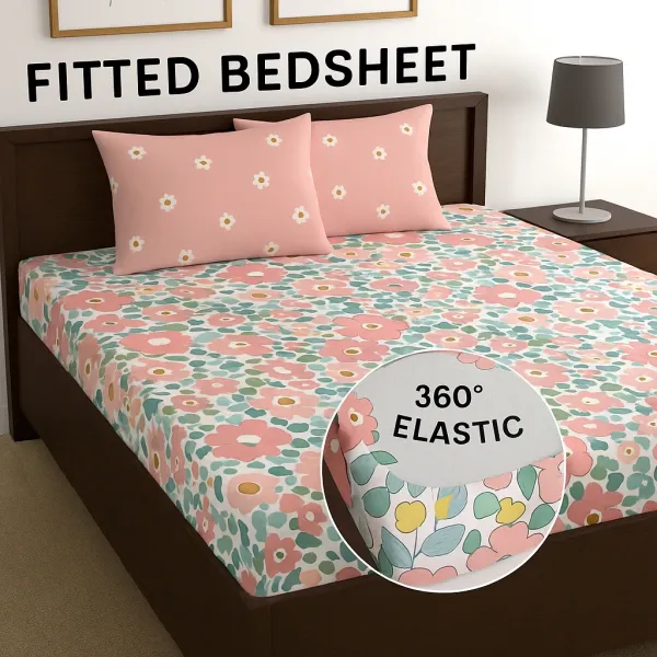 loyrex__Pink_220_TC_Elastic_Fitted_Printed_Bedsheet_King/Queen_Size_With_2_Pillow_Covers_|_Heavy_Cotton_Feel_King/Queen_Size_Bedsheet