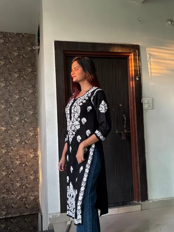 Khushi_Black_Rayon_Lucknowi_Chikankari_Hand_Embroided_Kurti_For_Women