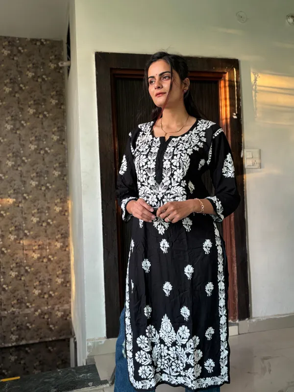 Khushi_Black_Rayon_Lucknowi_Chikankari_Hand_Embroided_Kurti_For_Women