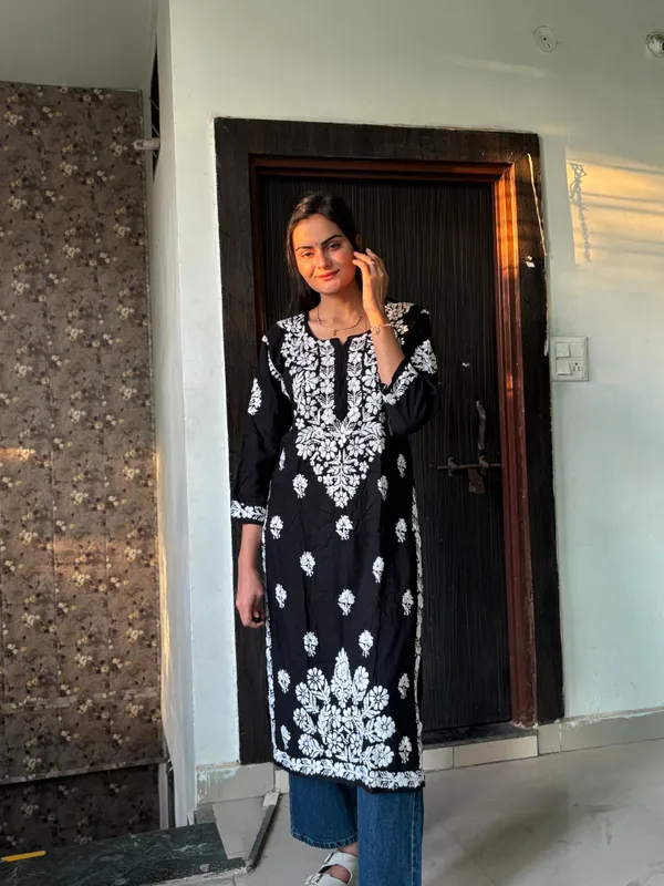 Khushi_Black_Rayon_Lucknowi_Chikankari_Hand_Embroided_Kurti_For_Women