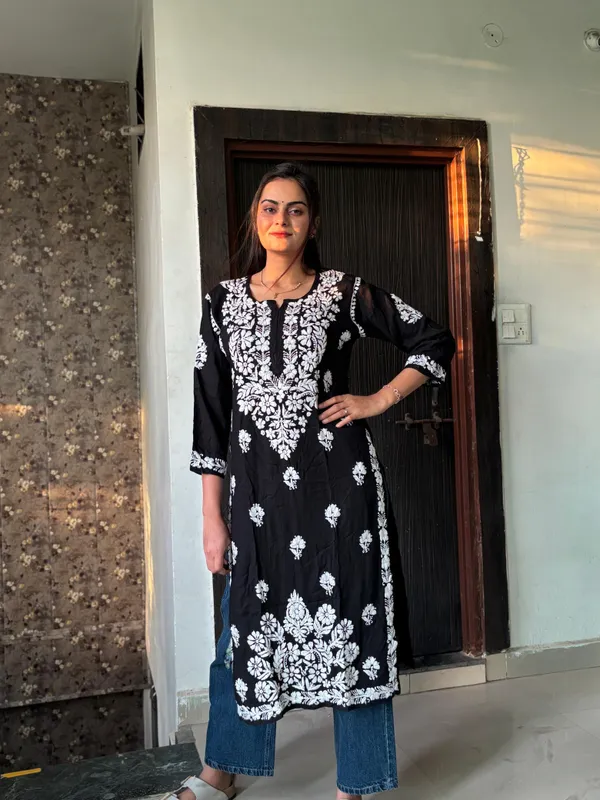 Khushi_Black_Rayon_Lucknowi_Chikankari_Hand_Embroided_Kurti_For_Women