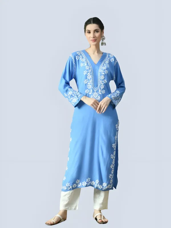 Rayon_Chikankari_Kurti_with_Stylish_V-Neck_|_Hand_Embroidered_Lucknowi_Kurta