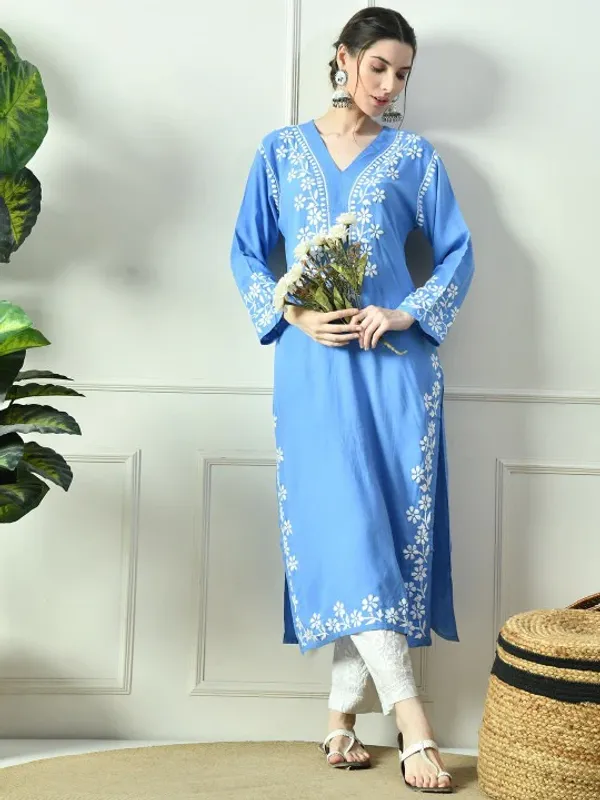 Rayon_Chikankari_Kurti_with_Stylish_V-Neck_|_Hand_Embroidered_Lucknowi_Kurta