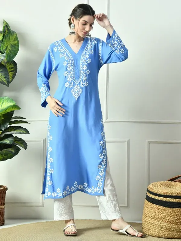 Rayon_Chikankari_Kurti_with_Stylish_V-Neck_|_Hand_Embroidered_Lucknowi_Kurta