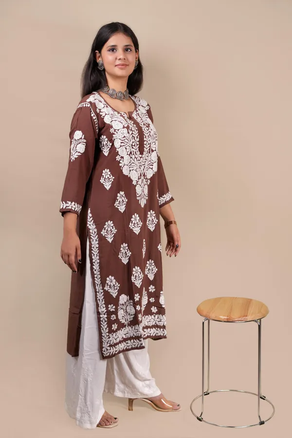 Brown_Modal_Embroidery_Work_Kurti_For_Women