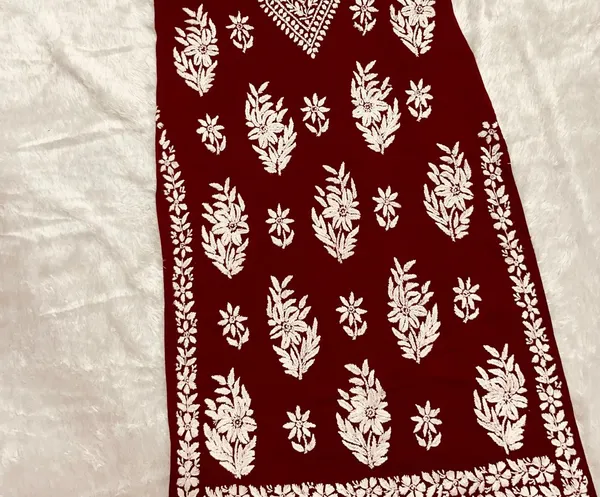 Maroon_Cotton_Lucknowi_Chikankari_Hand_Embroided_Kurti_For_Women