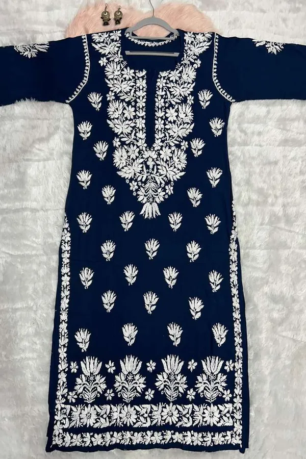 Navy_Blue_Modal_Lucknowi_Chikankari_Hand_Embroided_Kurta_For_Women