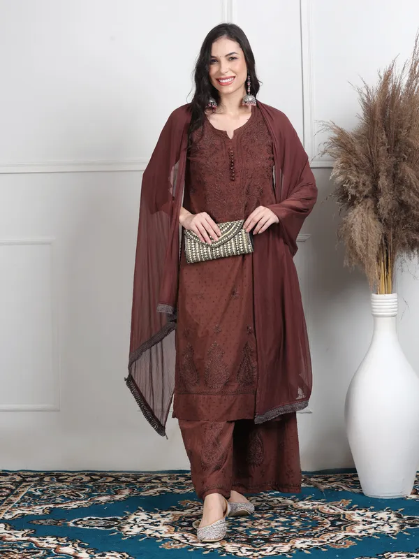 Chocolate_Brown_Dobby_Cotton_Chikankari_Kurti_Palazzo_Set_with_Chiffon_Lace_Border_Dupatta