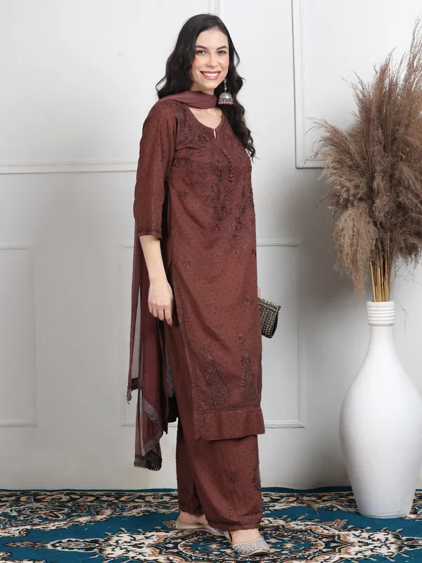 Chocolate_Brown_Dobby_Cotton_Chikankari_Kurti_Palazzo_Set_with_Chiffon_Lace_Border_Dupatta