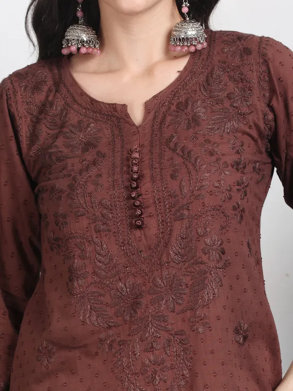 Chocolate_Brown_Dobby_Cotton_Chikankari_Kurti_Palazzo_Set_with_Chiffon_Lace_Border_Dupatta
