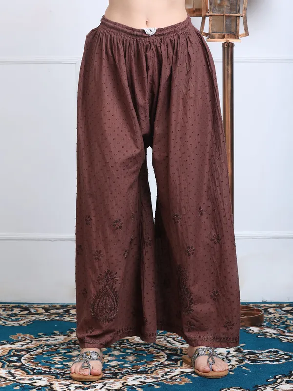 Chocolate_Brown_Dobby_Cotton_Chikankari_Kurti_Palazzo_Set_with_Chiffon_Lace_Border_Dupatta