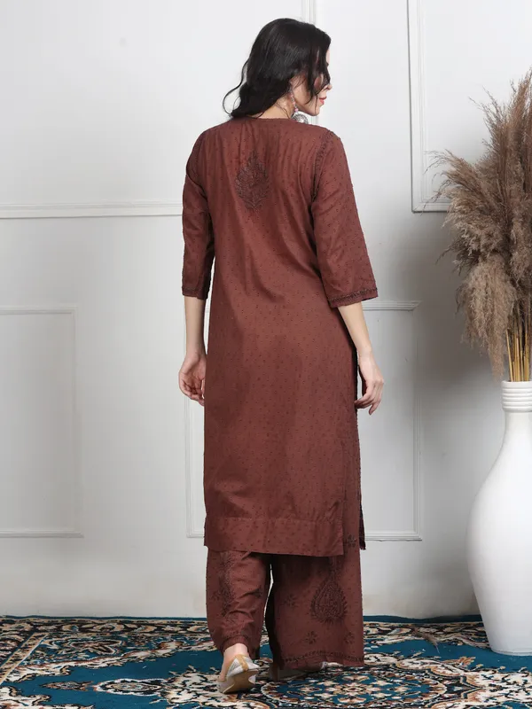 Chocolate_Brown_Dobby_Cotton_Chikankari_Kurti_Palazzo_Set_with_Chiffon_Lace_Border_Dupatta