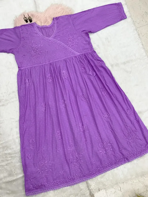 Wine_Cotton_Lucknowi_Chikankari_Hand_Embroided_Gown_For_Women