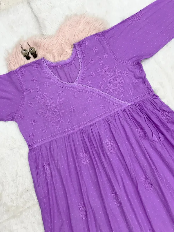 Wine_Cotton_Lucknowi_Chikankari_Hand_Embroided_Gown_For_Women